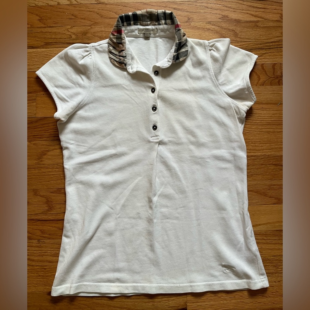 Burberry White Button Down Shirt with Plaid Collar